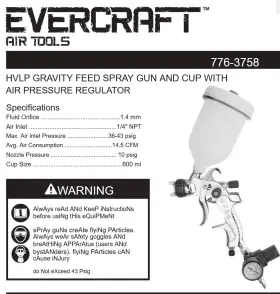 Evercraft 664766482403 Hvlp Gravity Feed Spray Gun And Cup. Hi Volume Low Pressure New In Box