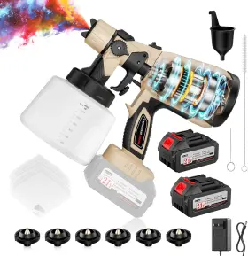 Luxariael 768913756611 Paint Sprayer 650w Spray Gun With Battery 2 4.0mah 6 Brass Nozzles &