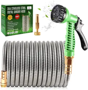 Yereen 653858630440 304 Stainless Steel Metal Garden Hose 100ft 3/4 Inch Fittings 2 Function