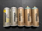 Montana Gold Acrylic Spray Paints, Primer, Varnish, Caps Used. Price: $30.00.